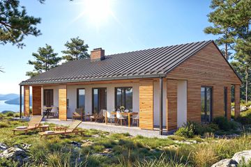Projekt domu Jutrzenka XL - murowany - parterowy dom o powierzchni 90,23 m², dach dwuspadowy, koszt budowy 275 000 zł - ujęcie frontu