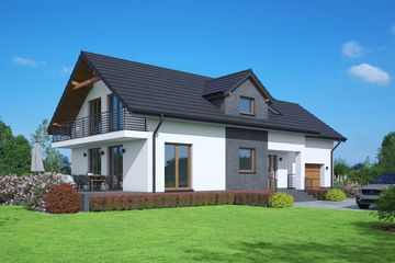 Projekt domu Osiek 41m - parterowy z poddaszem dom o powierzchni 137,06 m², dach dwuspadowy, koszt budowy 346 000 zł - ujęcie frontu