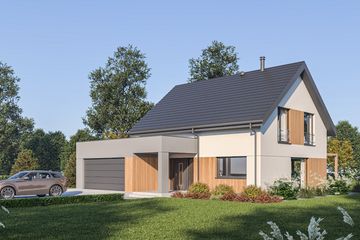 Projekt domu D460 - parterowy z poddaszem dom o powierzchni 118,22 m², dach dwuspadowy, koszt budowy 354 000 zł - ujęcie frontu