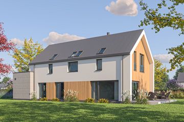Projekt domu D459 - parterowy z poddaszem dom o powierzchni 148,65 m², dach dwuspadowy, koszt budowy 433 000 zł - ujęcie frontu