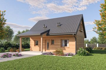 Projekt domu D439 wersja drewniana - parterowy dom o powierzchni 44,37 m², dach dwuspadowy - ujęcie frontu