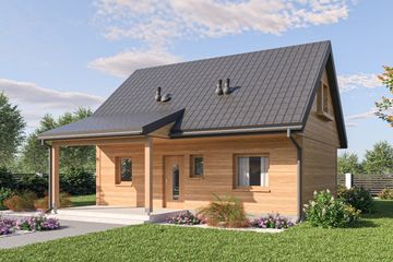 Projekt domu D439 wersja drewniana - parterowy dom o powierzchni 44,37 m², dach dwuspadowy - ujęcie frontu