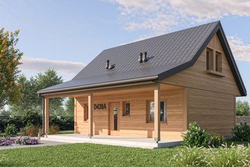 Projekt domu D439A - wersja drewniana - parterowy z poddaszem dom o powierzchni 72,16 m², dach dwuspadowy - ujęcie frontu