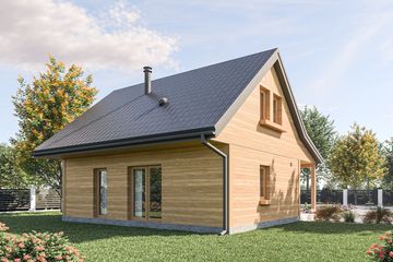 Projekt domu D439A - wersja drewniana - parterowy z poddaszem dom o powierzchni 72,16 m², dach dwuspadowy - ujęcie 2