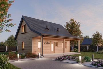 Projekt domu D439A - wersja drewniana - parterowy z poddaszem dom o powierzchni 72,16 m², dach dwuspadowy - ujęcie 3