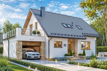 Projekt domu BW-36 wariant 18 z tarasem nad garażem - parterowy z poddaszem dom o powierzchni 99,60 m², dach dwuspadowy, koszt budowy 259 000 zł - ujęcie frontu