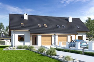 Projekt domu Biała z garażem 1-st. [A-ZBL] - parterowy z poddaszem dom o powierzchni 188,20 m², dach dwuspadowy, koszt budowy 441 766 zł - ujęcie frontu