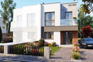 Projekt domu Ka303 S - z pełnym piętrem dom o powierzchni 84,57 m², dach płaski, koszt budowy 216 000 zł - ujęcie frontu