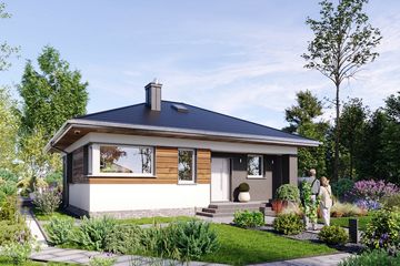 Projekt domu Felek Kopa (1974) - parterowy dom o powierzchni 59,80 m², dach kopertowy, koszt budowy 175 000 zł - ujęcie frontu