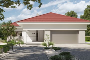 Projekt domu NewHouse 767 w1 red - parterowy dom o powierzchni 153,15 m², dach kopertowy, koszt budowy 456 000 zł - ujęcie frontu