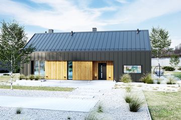 Projekt domu PióroArchitekci – 16 szkieletowy - parterowy dom o powierzchni 87,10 m², dach dwuspadowy - ujęcie frontu