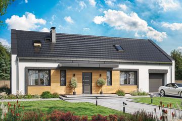 Projekt domu Terrier 8 z garażem - parterowy dom o powierzchni 101,90 m², dach dwuspadowy, koszt budowy 336 000 zł - ujęcie frontu