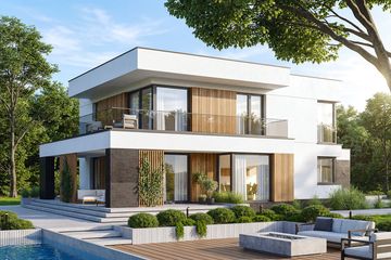 Projekt domu Perfetto 2 modern - z pełnym piętrem dom o powierzchni 158,67 m², dach płaski, koszt budowy 431 000 zł - ujęcie frontu