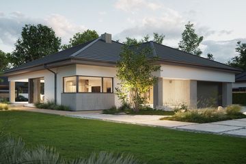 Projekt domu NewHouse 767 - parterowy dom o powierzchni 139,12 m², dach namiotowy, koszt budowy 416 000 zł - ujęcie frontu