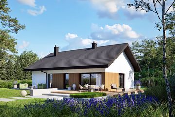 Projekt domu Mini 4 w. IV - parterowy dom o powierzchni 100,06 m², dach dwuspadowy, koszt budowy 290 000 zł - ujęcie frontu