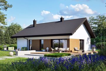 Projekt domu Mini 4 w. IV ENERGO - parterowy dom o powierzchni 100,06 m², dach dwuspadowy, koszt budowy 312 000 zł - ujęcie frontu