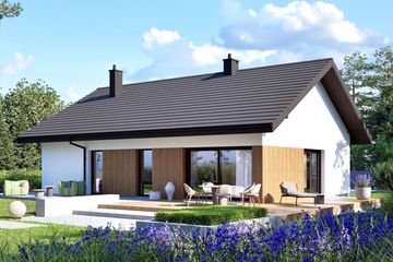 Projekt domu Mini 4 w. IV ENERGO - parterowy dom o powierzchni 100,06 m², dach dwuspadowy, koszt budowy 303 000 zł - ujęcie frontu