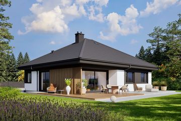 Projekt domu Flo IV - parterowy dom o powierzchni 102,60 m², dach kopertowy, koszt budowy 317 000 zł - ujęcie frontu