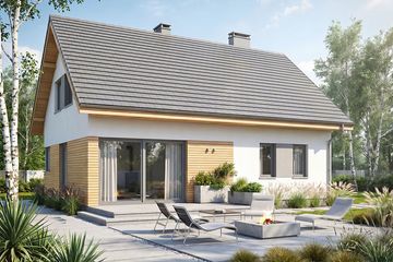 Projekt domu Krajobrazy 151 - parterowy z poddaszem dom o powierzchni 120 m², dach dwuspadowy, koszt budowy 325 000 zł - ujęcie frontu