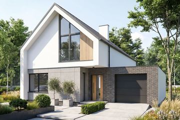 Projekt domu Studio 106 - parterowy z poddaszem dom o powierzchni 117,41 m², dach dwuspadowy, koszt budowy 363 000 zł - ujęcie frontu