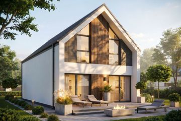 Projekt domu Studio 107 - parterowy z poddaszem dom o powierzchni 112,73 m², dach dwuspadowy, koszt budowy 334 000 zł - ujęcie frontu