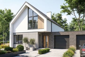 Projekt domu Studio 116 - parterowy z poddaszem dom o powierzchni 117,41 m², dach dwuspadowy, koszt budowy 238 360 zł - ujęcie frontu