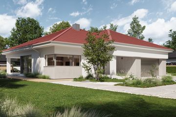 Projekt domu NewHouse 767 red - parterowy dom o powierzchni 139,12 m², dach namiotowy, koszt budowy 445 000 zł - ujęcie frontu