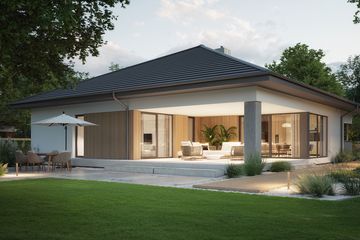 Projekt domu NewHouse 767 w2 - parterowy dom o powierzchni 153,79 m², dach namiotowy, koszt budowy 490 000 zł - ujęcie frontu