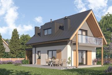 Projekt domu D458 - parterowy z poddaszem dom o powierzchni 77,18 m², dach dwuspadowy, koszt budowy 210 000 zł - ujęcie frontu