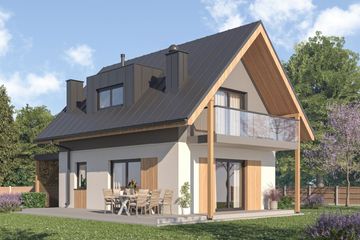 Projekt domu D458 - parterowy z poddaszem dom o powierzchni 77,18 m², dach dwuspadowy, koszt budowy 210 000 zł - ujęcie frontu