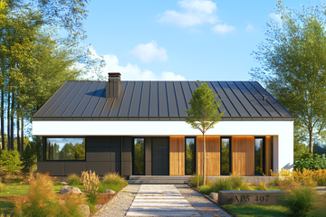 Projekt domu APS 407 ECO - parterowy dom o powierzchni 119,80 m², dach dwuspadowy, koszt budowy 452 000 zł - ujęcie frontu