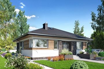 Projekt domu Kwadra Mini (1972) - parterowy dom o powierzchni 74,90 m², dach kopertowy, koszt budowy 231 000 zł - ujęcie frontu
