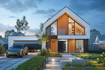 Projekt domu Amber 5 - parterowy z poddaszem dom o powierzchni 144,73 m², dach dwuspadowy, koszt budowy 467 000 zł - ujęcie frontu