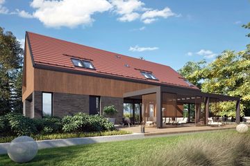 Projekt domu Nikolas III G2 (wersja B) energo plus - parterowy z poddaszem dom o powierzchni 189,23 m², dach dwuspadowy, koszt budowy 594 000 zł - ujęcie frontu