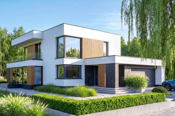 Projekt domu Perfetto 3 modern - z pełnym piętrem dom o powierzchni 139,83 m², dach płaski, koszt budowy 368 000 zł - ujęcie frontu