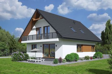 Projekt domu Gryfice 23 m - parterowy z poddaszem dom o powierzchni 119,54 m², dach dwuspadowy - ujęcie frontu