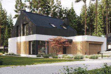 Projekt domu NewHouse 786 - parterowy z poddaszem dom o powierzchni 137,39 m², dach dwuspadowy, koszt budowy 404 000 zł - ujęcie frontu
