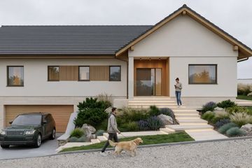 Projekt domu eko Typowy 82 - parterowy dom o powierzchni 140,38 m², dach dwuspadowy, koszt budowy 458 000 zł - ujęcie frontu