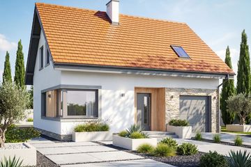 Projekt domu Krajobrazy 132 - parterowy z poddaszem dom o powierzchni 93,29 m², dach dwuspadowy, koszt budowy 243 000 zł - ujęcie frontu
