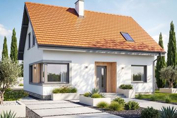 Projekt domu Krajobrazy 148 - parterowy z poddaszem dom o powierzchni 112,04 m², dach dwuspadowy, koszt budowy 282 000 zł - ujęcie frontu