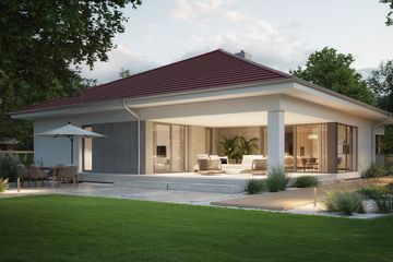Projekt domu NewHouse 767 w2 red - parterowy dom o powierzchni 153,79 m², dach namiotowy, koszt budowy 490 000 zł - ujęcie frontu