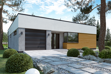 Projekt domu Ka221 T - parterowy dom o powierzchni 100,91 m², dach płaski, koszt budowy 301 000 zł - ujęcie frontu