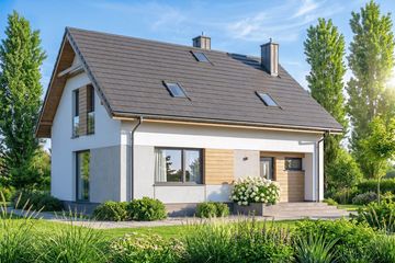 Projekt domu Rodzinek 5 mini - parterowy z poddaszem dom o powierzchni 109 m², dach dwuspadowy, koszt budowy 305 000 zł - ujęcie frontu