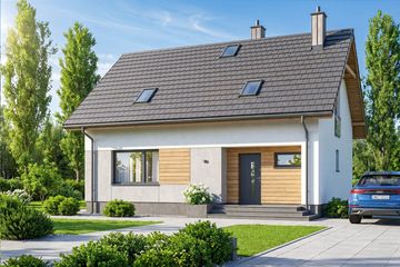 Projekt domu Rodzinek 5 mini - parterowy z poddaszem dom o powierzchni 109 m², dach dwuspadowy - ujęcie 2