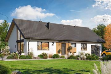 Projekt domu Granero B - parterowy dom o powierzchni 98 m², dach dwuspadowy, koszt budowy 352 000 zł - ujęcie frontu
