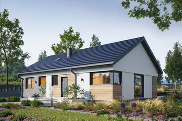 Projekt domu Cyklamen Nano (1973) - parterowy dom o powierzchni 109,70 m², dach dwuspadowy, koszt budowy 336 000 zł - ujęcie frontu