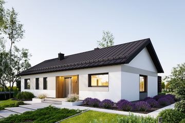 Projekt domu Aris Nano (1976) - parterowy dom o powierzchni 108,70 m², dach dwuspadowy, koszt budowy 312 000 zł - ujęcie frontu