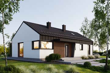 Projekt domu Jaskier (1980) - parterowy dom o powierzchni 90,10 m², dach dwuspadowy, koszt budowy 273 000 zł - ujęcie frontu