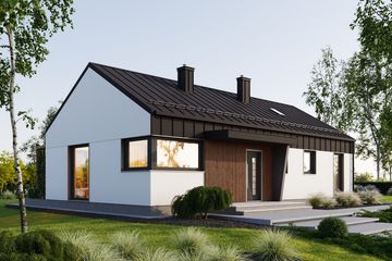 Projekt domu Jaskier (1980) - parterowy dom o powierzchni 90,10 m², dach dwuspadowy, koszt budowy 273 000 zł - ujęcie frontu