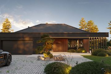 Projekt domu HomeKoncept 126 wariant 02 - parterowy dom o powierzchni 165,80 m², dach wielospadowy, koszt budowy 541 000 zł - ujęcie frontu